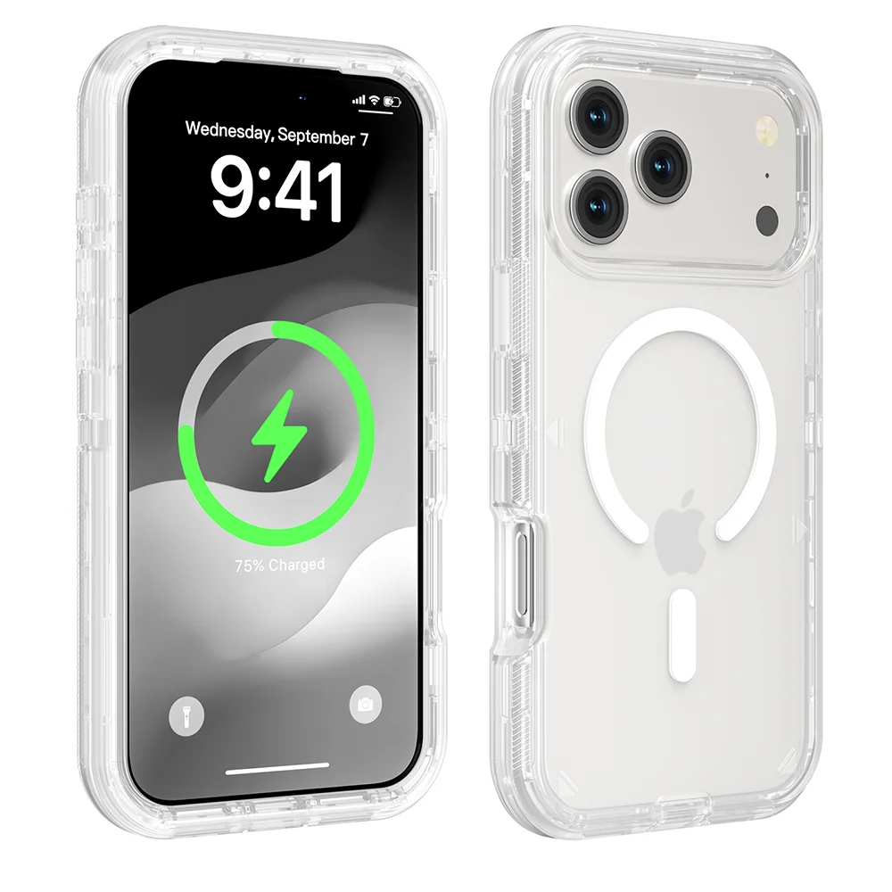 Rugged OTT Armor Magnetic Wireless Charging Clear Case for IPhone 17 Air 16 15 14 Plus 13 12 Pro Max Enhanced Shockproof Cover
