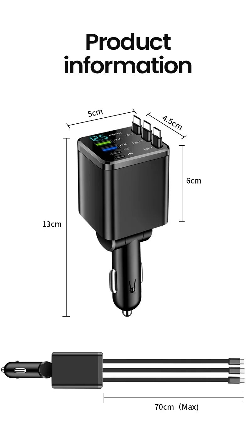 7 in 1 Car Charger Retractable USB C Cable Dual Type C Port Fast Charging Phone Adapter for iPhone Phone Car Cigarette Lighter