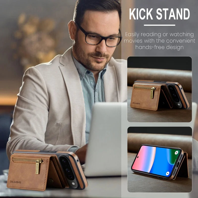 DG.MING Zipper Leather Wallet Phone Case for Google Pixel 10 Pro XL Pro 9 8 2 IN 1 Detachable Card Holder Funda Cover Hoesje Bag