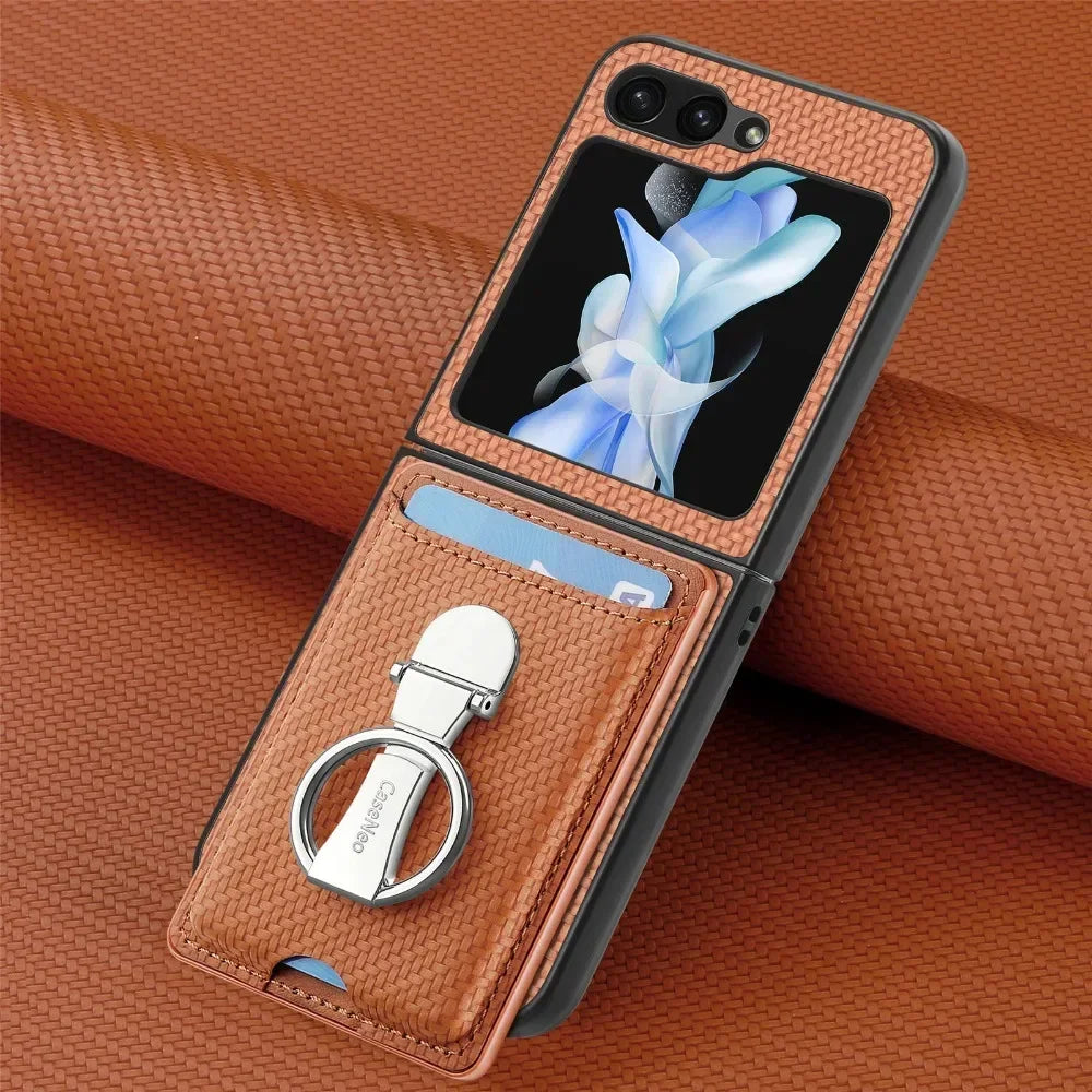 Luxury Ring Stand Leather Phone Case for Samsung Galaxy Z Flip 8 Flip 7 6 5 4 3 Flip7 FE Wallet Card Slot Shockproof Cover