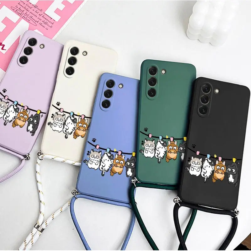 S23 Four Little Cat Lanyard Silicone Phone Case For Samsung S23 S24 S23FE S24Plus S23Ultra S22 S23Plus S22Plus S20 S21FE Cover