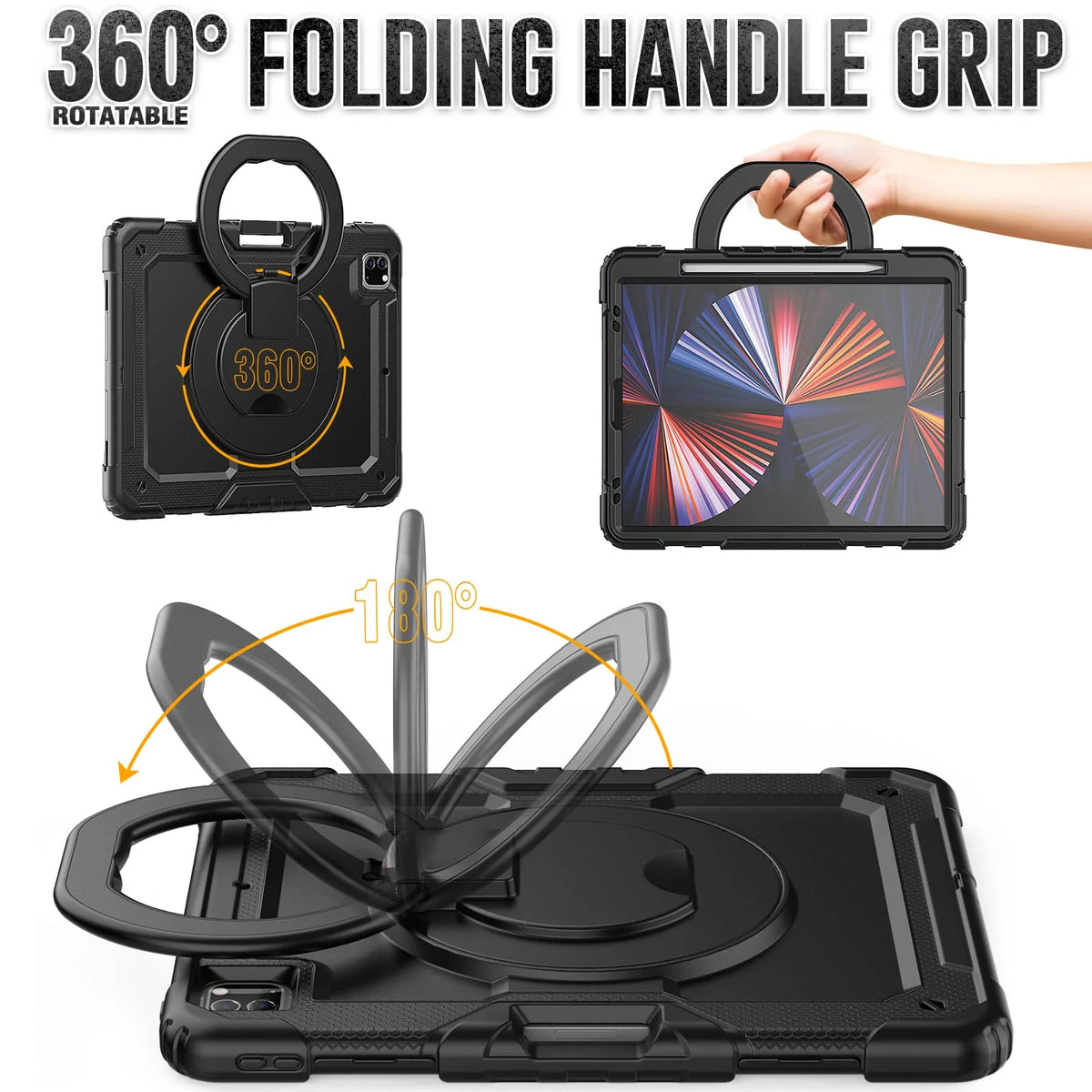 for iPad Pro 12.9'', Military Grade Shockproof Protective Silicone Cover 360 Folding Handle Grip + Handle Shoulder Strap