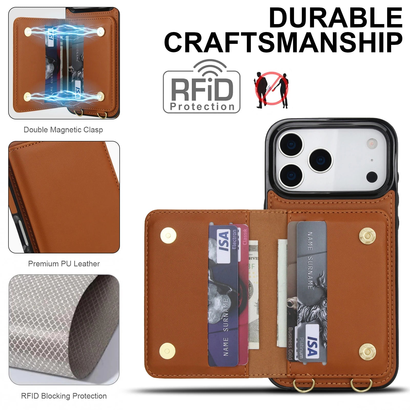 Crossbody Card Holder Wallet Leather Case For iPhone 17 Pro Max 16 Plus 15 Plus 14 13 12 11 Strap Pocket kickstand RFID Cover