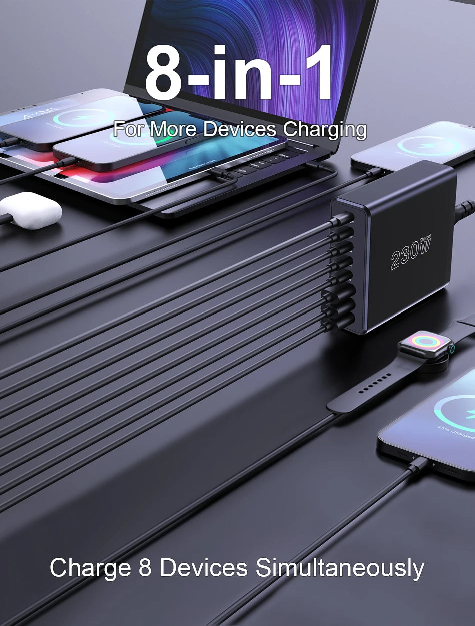 Ueetop 230W GaN USB C Charger Desktop Charging Station Multiple Port PPS PD 100W 65W 45W Fast Charge For Macbook iPhone Samsung