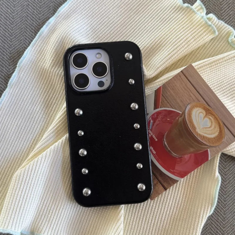 Personality Advanced Silver Round Rivet Solid Color Leather Shock Proof Phone Cover for iPhone 17Pro Max 16 15 14 13 Pro Max Cas