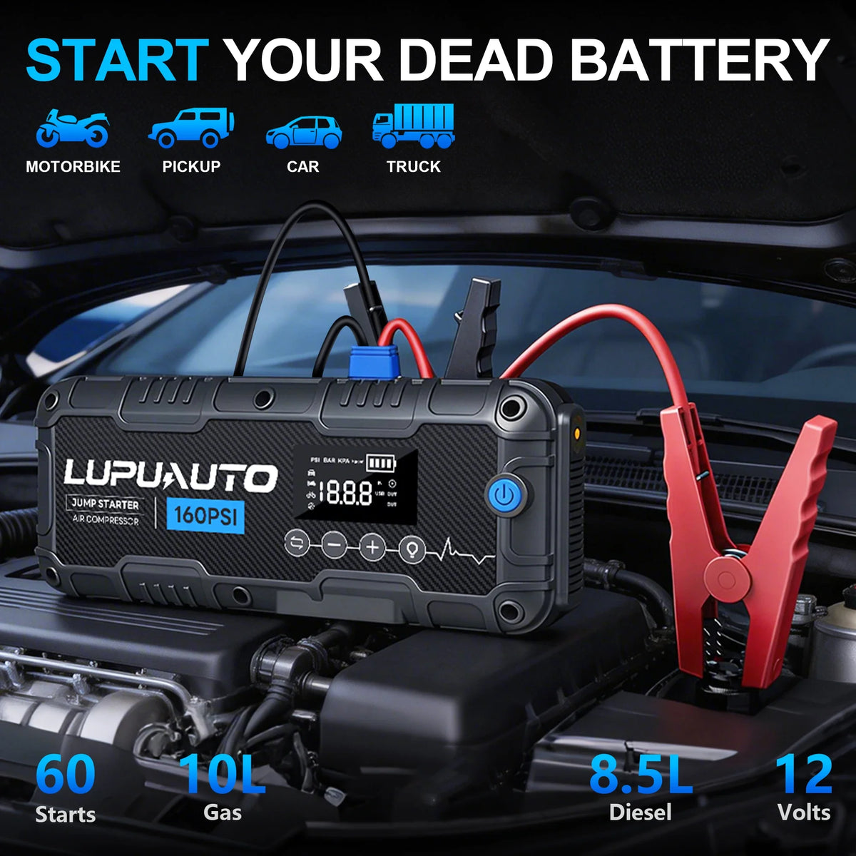 7000A Car Jump Starter Power Bank with Air Compressor 160 PSI 12V Car Starting Device 24000Mah Battery Jump Start for Car Booste