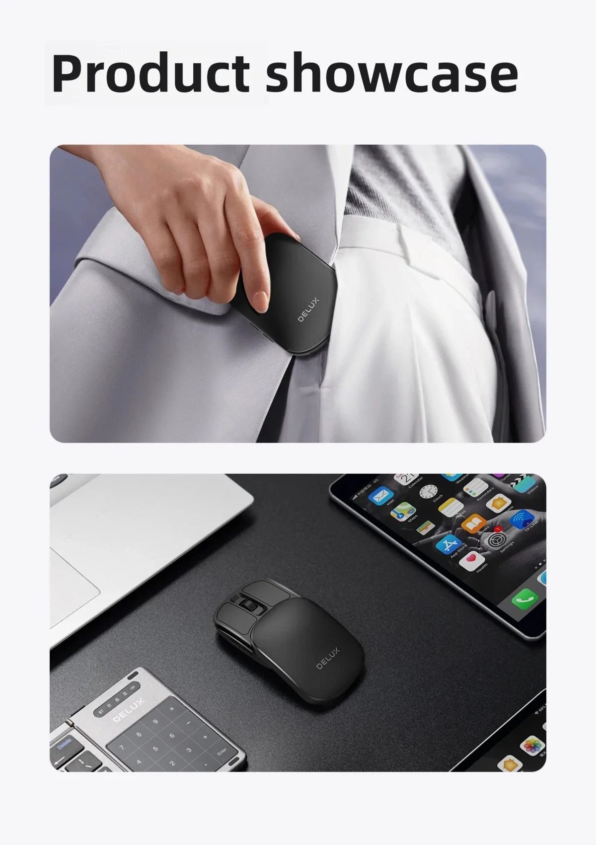 Delux Pocket Folding Mouse Wireless 2.4G Bluetooth5.2 Silent Click Portable Ultra-light 55g for MacBook Tablet Computer PC Mice