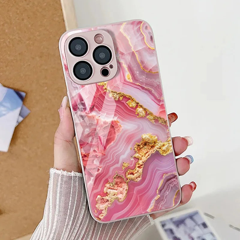 Tempered Glass Marble Stone Case For iPhone 11 Funda iPhone 16 17 16E 13 14 15 Pro Max 12 7 8 Plus SE 16promax 13promax Cover