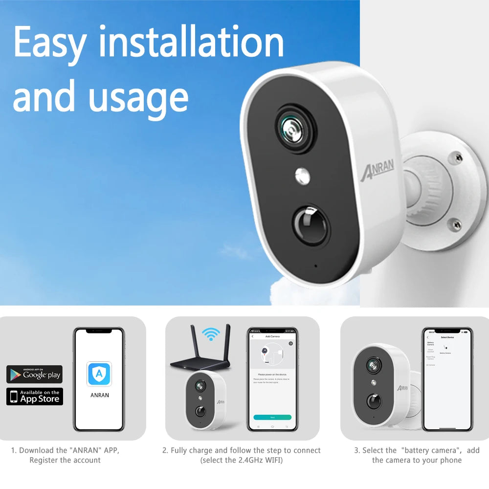 ANRAN 2K Rechargeable Battery Camera 2.4G WiFi Camera Wireless Home Surveillance Security Cameras PIR, IP65, Work with ANRAN App