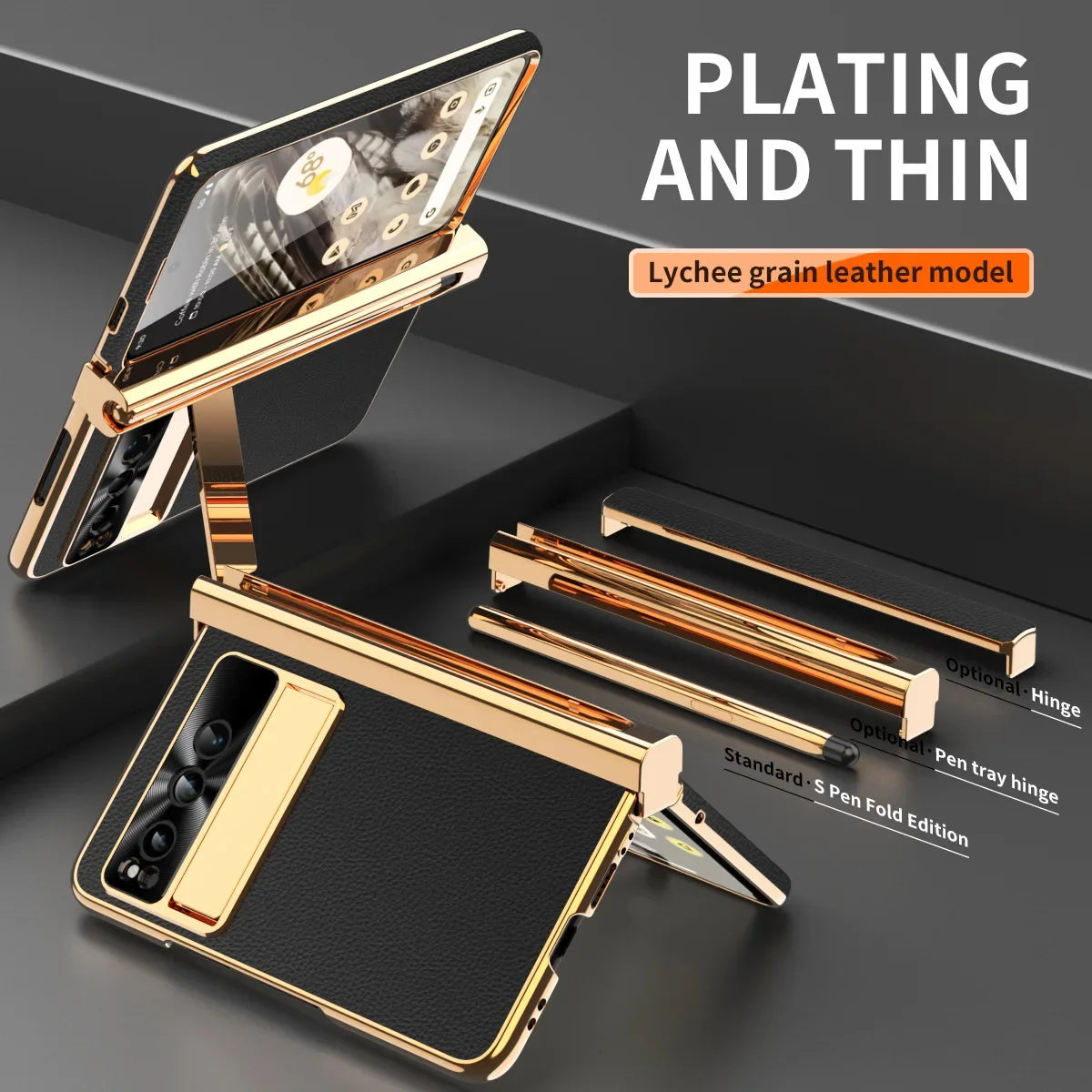 Phone case For Google Pixel Fold Plain Leather Plating Bracket Double Hinge with Pen Shell Film All-inclusive Protective Case