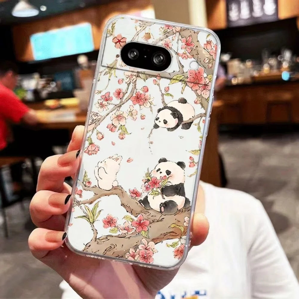For Google Pixel 10 9 8 7 6 Pro XL 9a 8a 7a 6a Cute Panda Play Pattern Phone Case Crystal Transparent Silicone Protective Cover