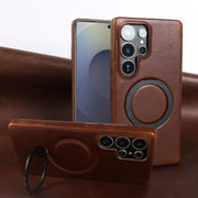 Luxury Magnetic Ring Genuine Leather Case For Samsung Galaxy S25 Ultra S24 S25edg S23 S22 S21 S20 S23 Stand Bracket Phone Cases
