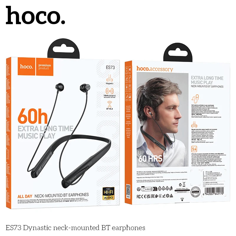 HOCO ES73 Neckband Wireless Bluetooth 5.4 Earphones 14mm Speaker HiFi Stereo Audio Sports Stereo Earbuds Support For Smart Phone