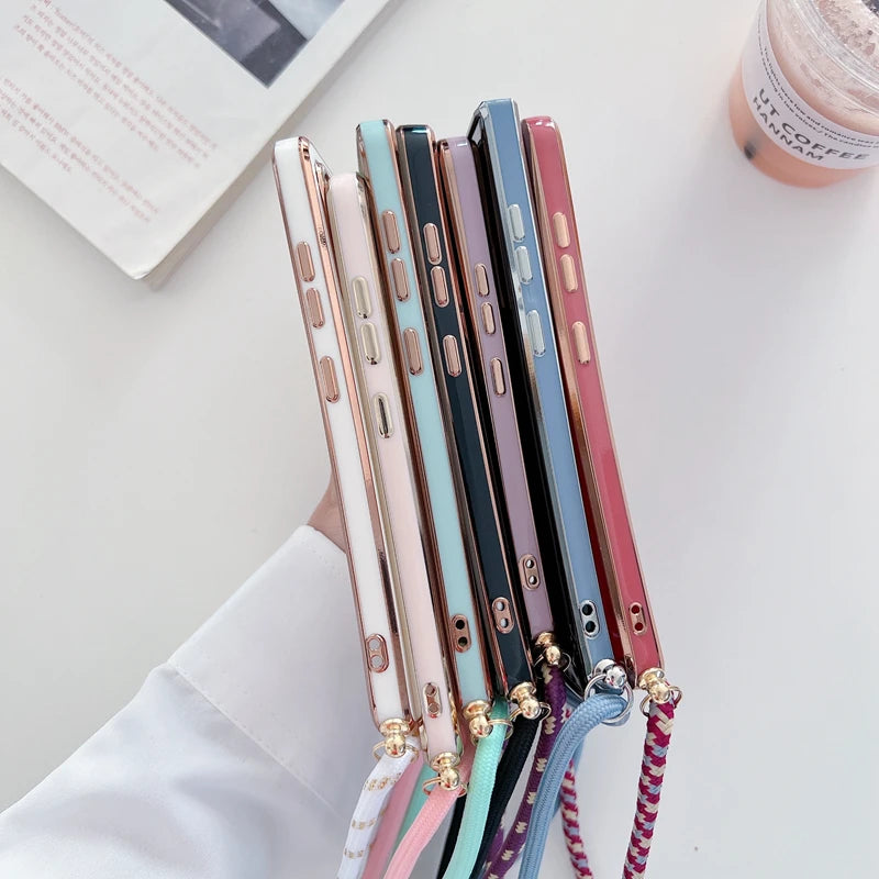 Crossbody Lanyard Strap Plating Case For Samsung Galaxy A53 A73 A33 A52 A52S A72 A32 A51 4G 5G S22 S21 S20 Fe Plus Ultra Cover