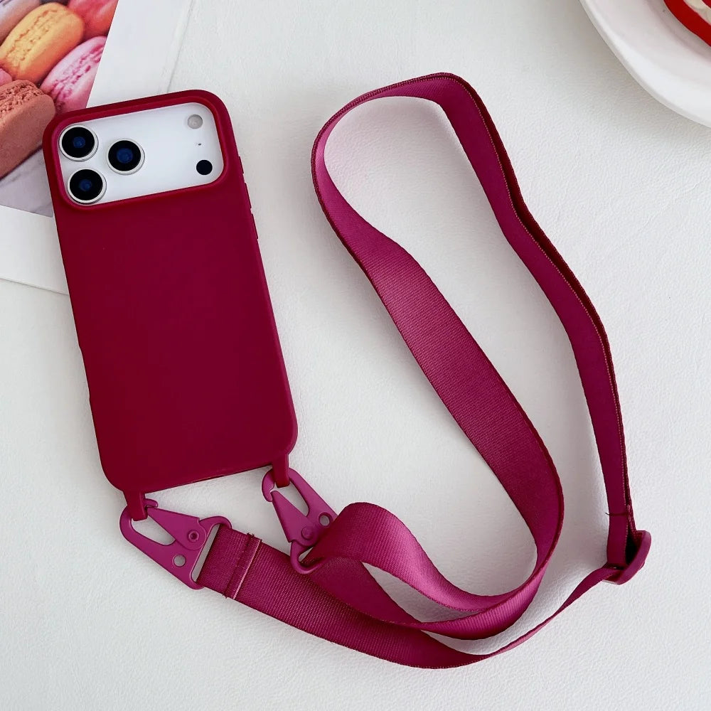 Crossbody Necklace Strap Lanyard Matte Silicone Case For iPhone 17 16 15 14 Pro Max 11 12 13 XR X XS 8 Plus SE Shockproof Cover