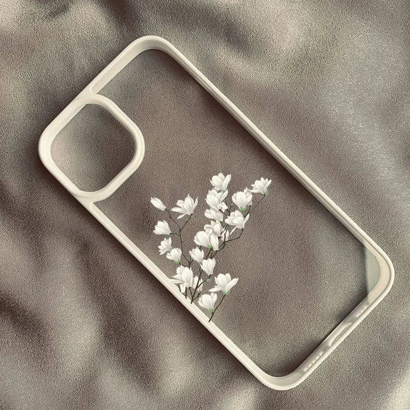 White Magnolia Flower Phone Case For iPhone 14 Pro 15 13 12Mini 11 XR XS Max 16 17 Air Plum Blossom Shockproof Clear Hard Cover