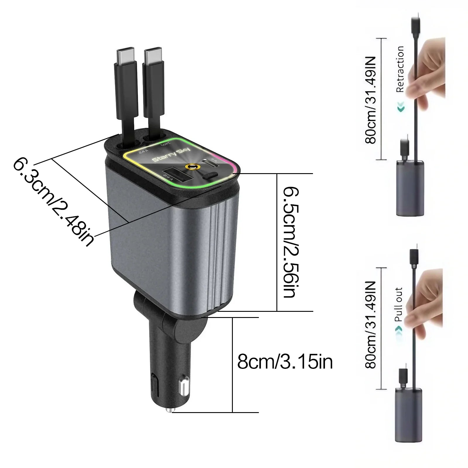 4 in 1 Retractable Car Charger Fast Charging Car Charger  with USB Type-C Cable & 2 Type C Charging Ports, Universal Car Charger