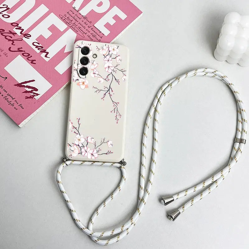 S24 Delicate Flowers Lanyard Silicone Phone Case For Samsung S24 S24Plus S21 S21FE S23FE S23Plus S22Ultra S20FE S24Ultra Cover
