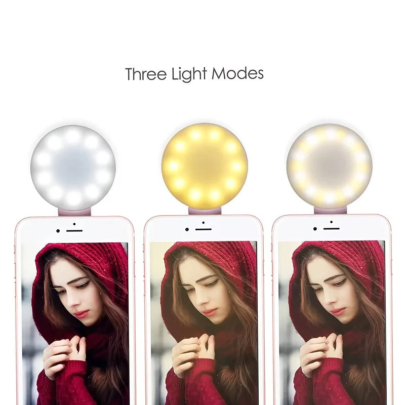 3-Color LED Phone Light, Cold/Warm/Combined Modes, 1.57in Clip-On for Selfie & Video, USB Rechargeable, Compact & Portable