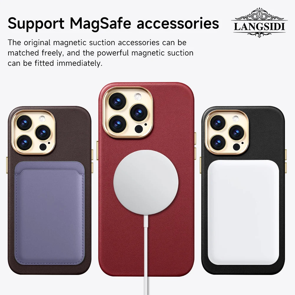 LANGSIDI Original Genuine Leather Magnetic Phone Case for iPhone 12 13 14 Pro 14 Plus 14Pro Wireless Charging for Magsafe Case