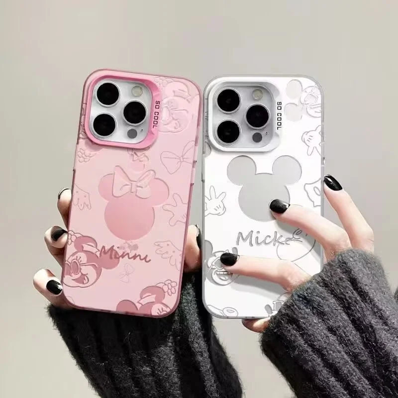 Disney Mickey Minnie Mouse Head Phone Case For IPhone 14 15 16 17 Pro Max Plus 12 13 Mini 16E Casing Hard IMD Silver Laser Cover