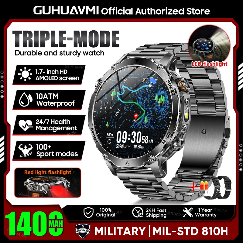 2026 New TANK Ultra 1400mAh Battery Military Smart Watch 10ATM Waterproof Heart Rate Tactical LED Flashlight Men Sports Bracelet
