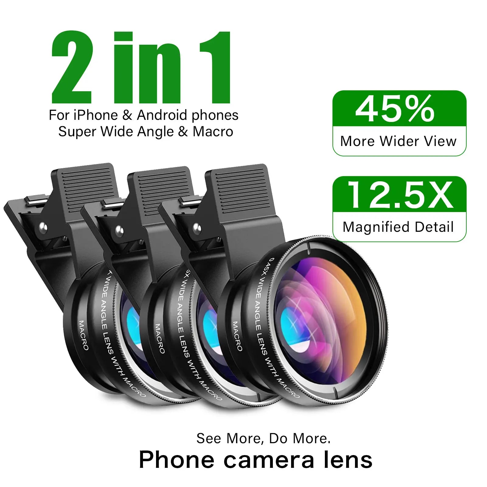 2 Functions Mobile Phone Lens 0.45X Wide Angle Len & 12.5X Macro HD Camera Lens Universal for iPhone Android Phone