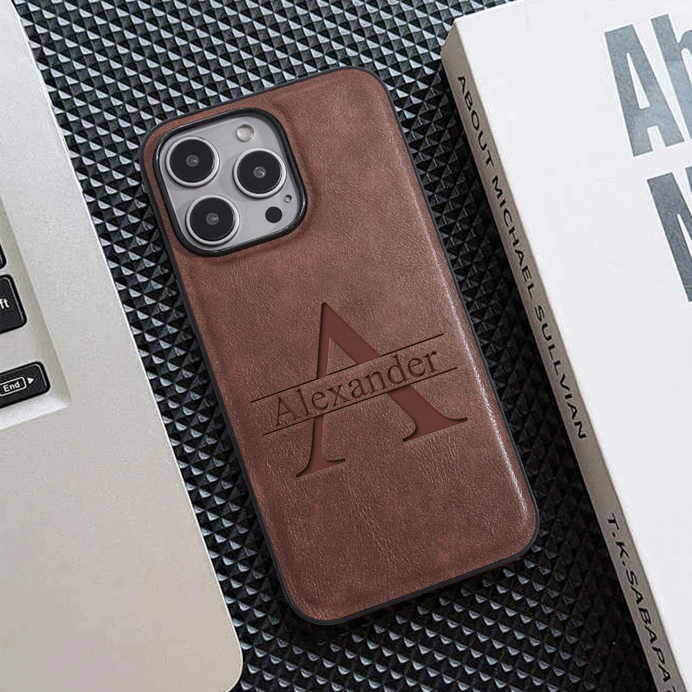 Personalized Customized Name Case For iPhone 17 16 15 14 13 12 11 Pro Max Plus Air Big Letter Laser Engraving Soft Leather Cover