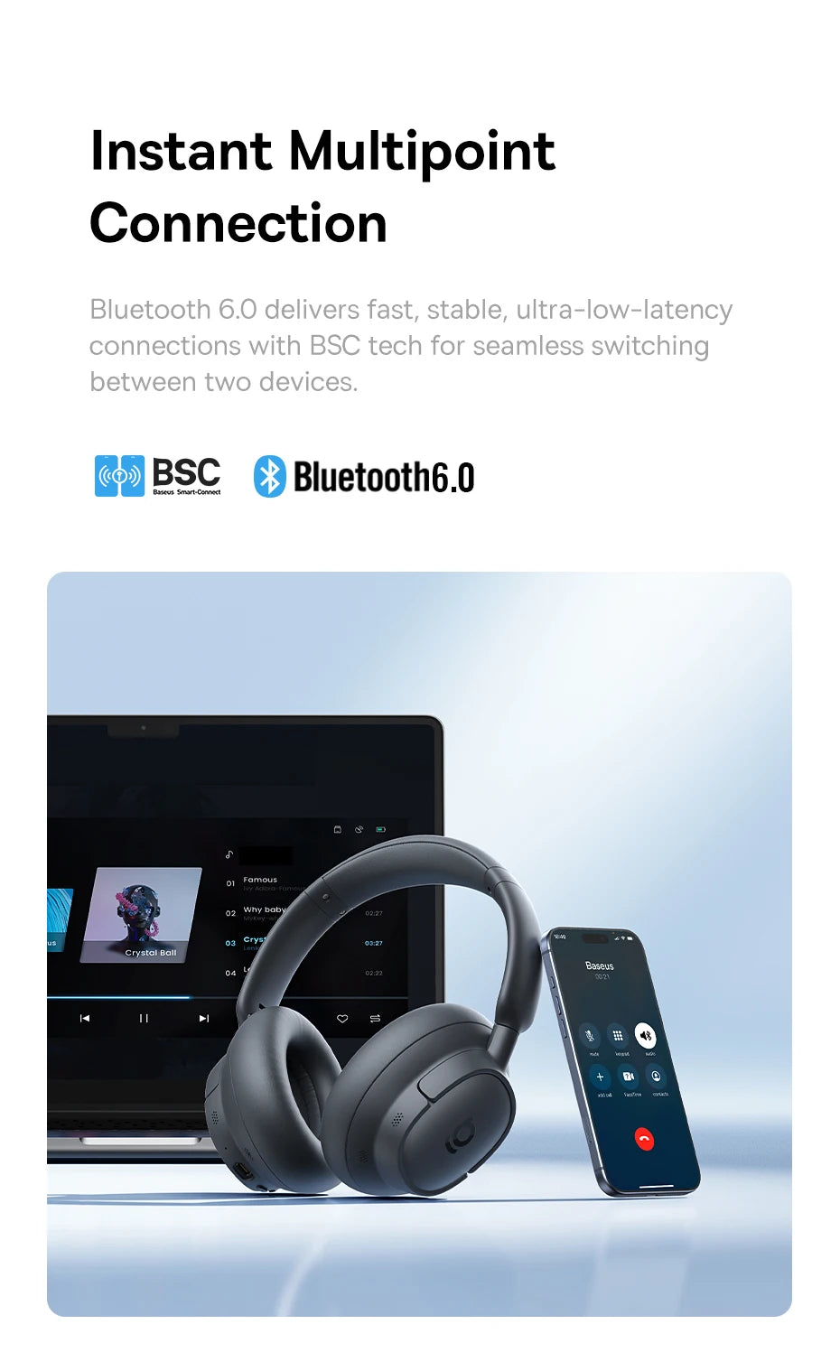 Baseus Bass BH1 NC Lite ANC Wireless Headphones 95% Noise Cancelling Headsets Headphone Bluetooth 6.0 80H Over Ear Earphones