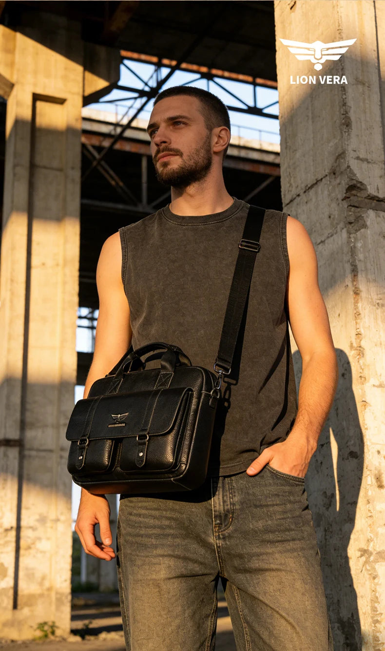 LION VERA Men's Genuine Leather Briefcase Business Casual Commuting Bag Portable Crossbody Shoulder Bag 15.7-inch Laptop Bag