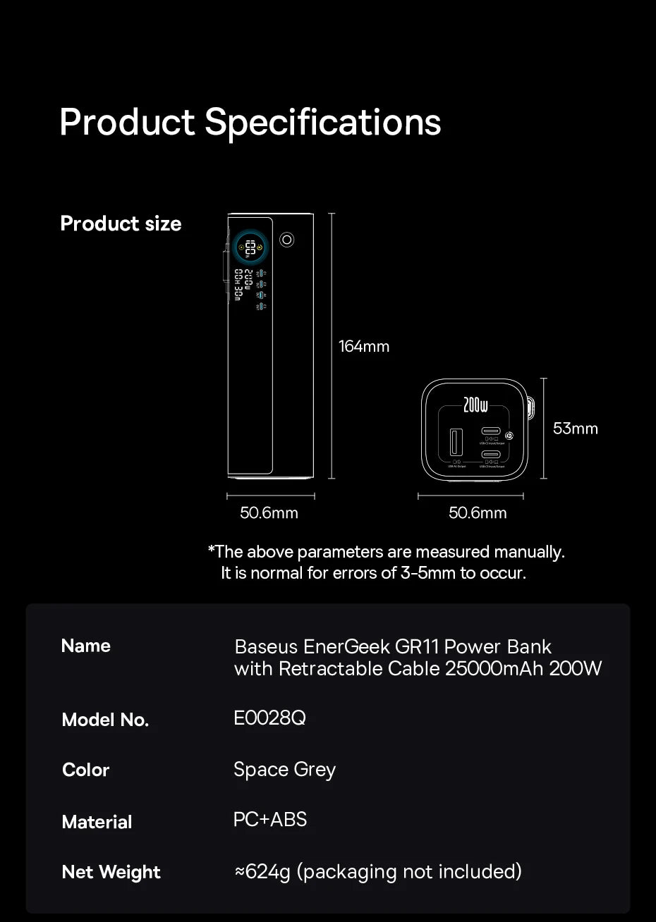 Baseus 200W 25000mAh Power Bank Dual Retractable USB-C Cables 4-Device Fast Charge Portable External Battery Charger For Laptop