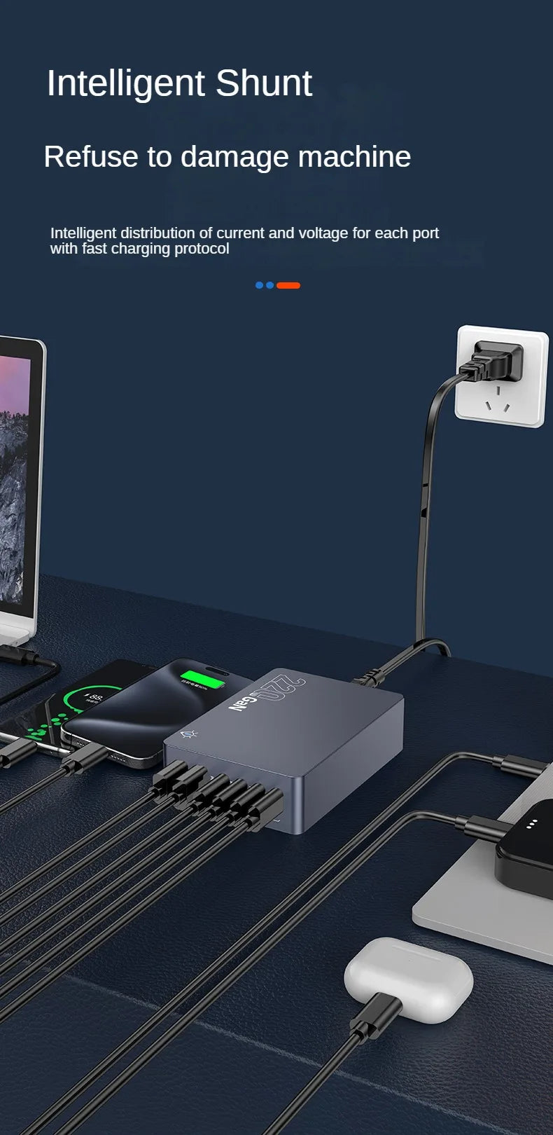 220W GaN Desktop Charger 6-Ports PD 100W USB Type C QC 3.0 Fast Charging Station for IPhone 16 Pro Tablet Macbook Samsung Laptop