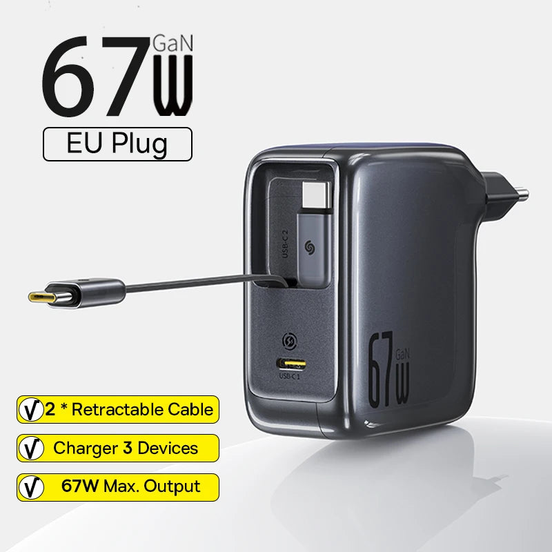Baseus 67W 100W Fast Charger GaN Charger USB C Retractable Cable Phone Charger For iPhone Samsung Laptop Charger PD QC Charger