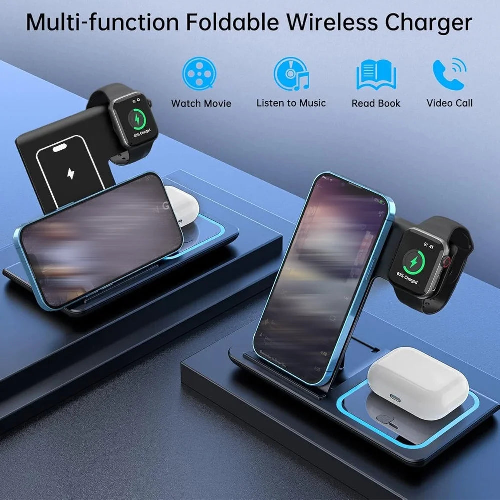 15W 3 in 1 Wireless Charger Stand Pad Foldable Fast Charging Station Dock For IPhone17 16 15 14 13 12 11 X 8 Apple Watch Airpods