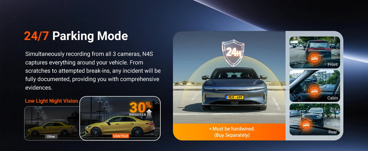Vantrue N4S DashCam 3 Channel WiFi STARVIS 2 2.7K+1440P+1440 Waterproof Rear Camera HDR IR Night Vision GPS 24h Packing Mode