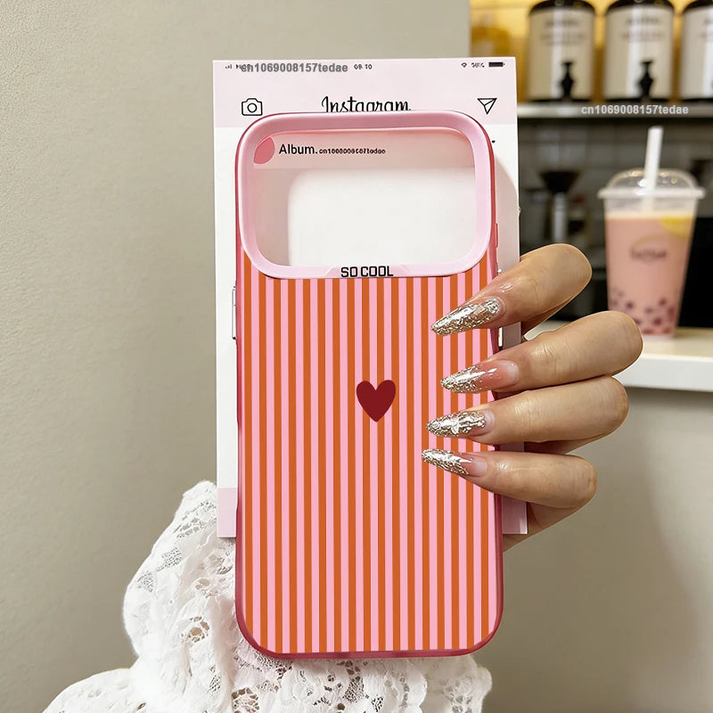 INS Cute Small Love Heart Fresh Phone Case For iPhone 16 17 Pro 15 17 Air 14 Plus 13 12 11 Pro Max Pink Blue Striped IMD Cover